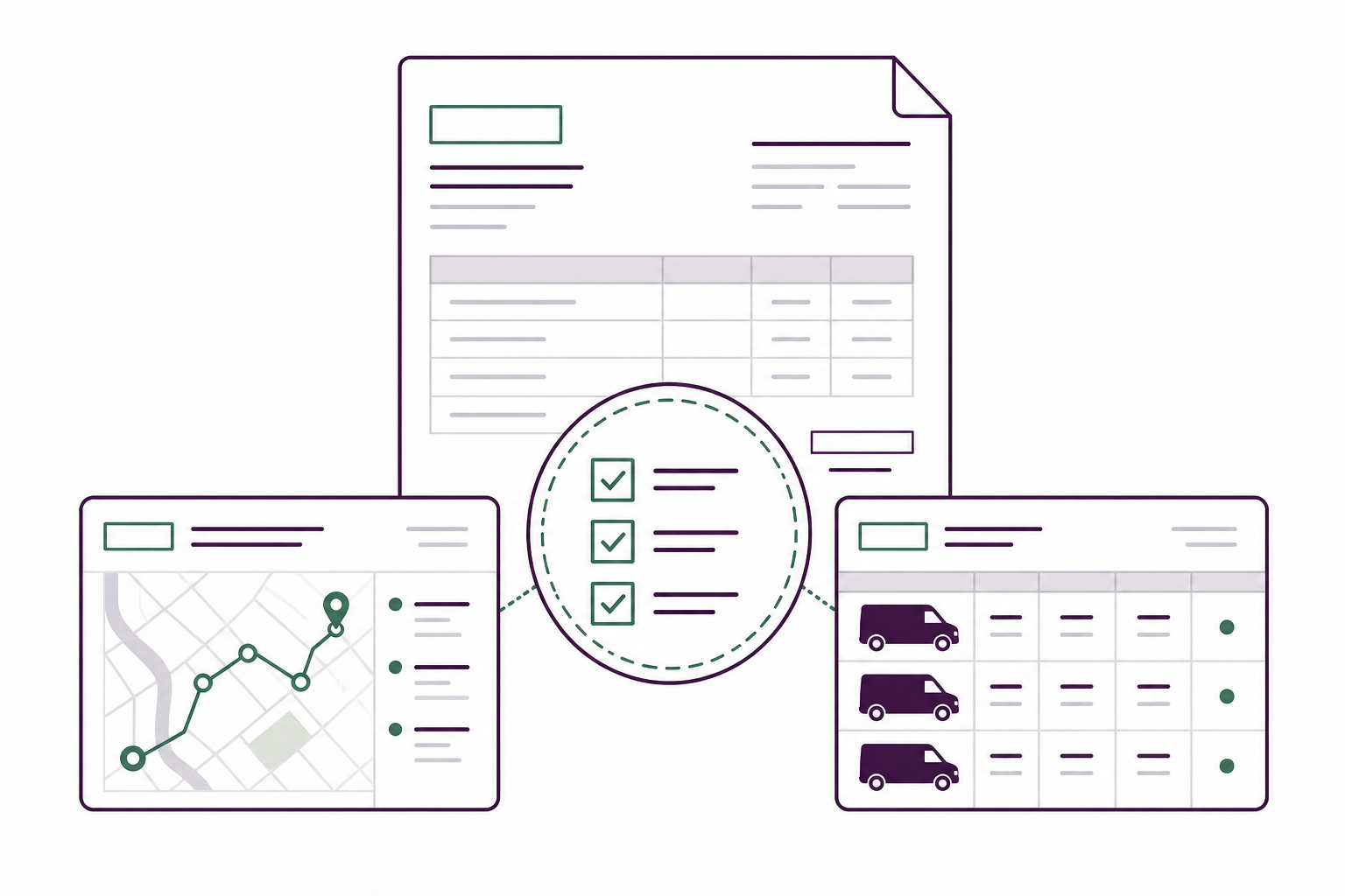 Illustration of route, package, fleet, and invoice records being reconciled