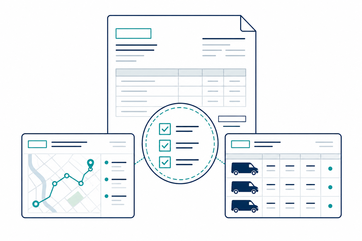 Illustration of route, package, fleet, and invoice records being reconciled